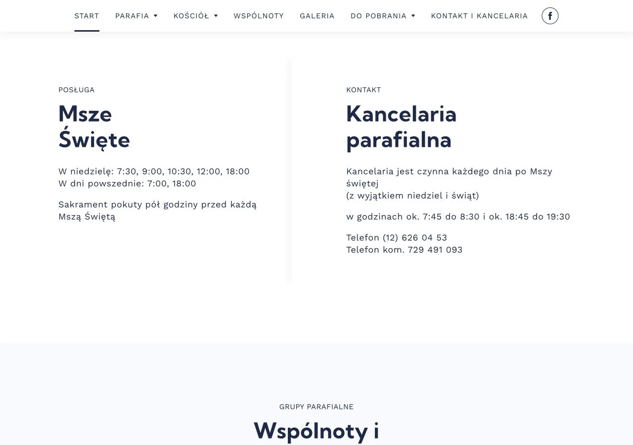Wydzielone sekcje Mszy Świętych i kancelarii parafialnej.