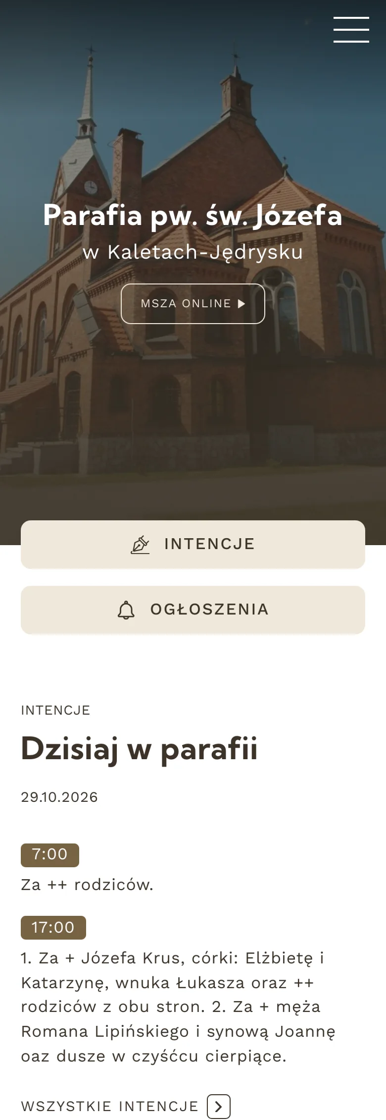Widok nowej strony parafii w Kaletach na telefonie — dzisiejsze intencje i skróty